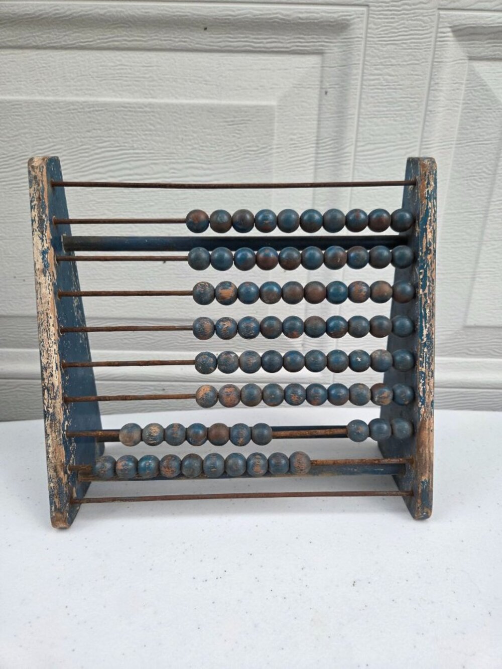 Vintage Wooden Abacus With Distressed Blue Finish And Rustic Beads